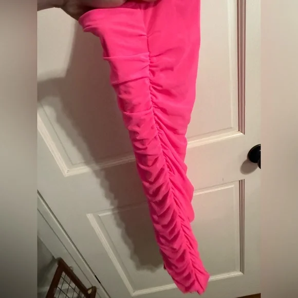 BTFBM One Shoulder Ruched Neon Pink Mini Dress - Picture 5 of 7